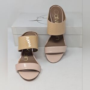 Calvin Klein Cecily Python Embossed Beige Patent Leather Slip-On Sandals Size 6